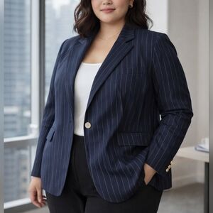Lauren Ralph Lauren Navy Pinstripe Linen Blazer Plus Size 20W Old Money